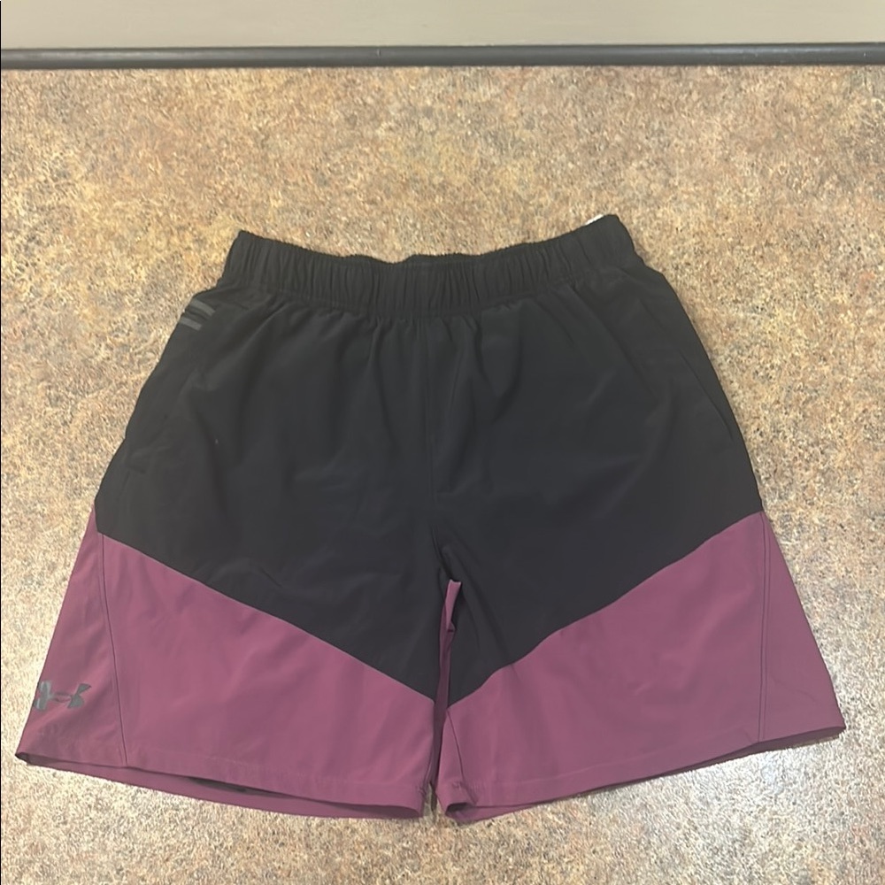 Under Armour Athletic Black and Purple Shorts, lined.